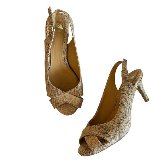 Nurture Shoes - Nurture Leather Peep Toe Neutral Sparkle Snakeprint Slingback Heels Size 7.5